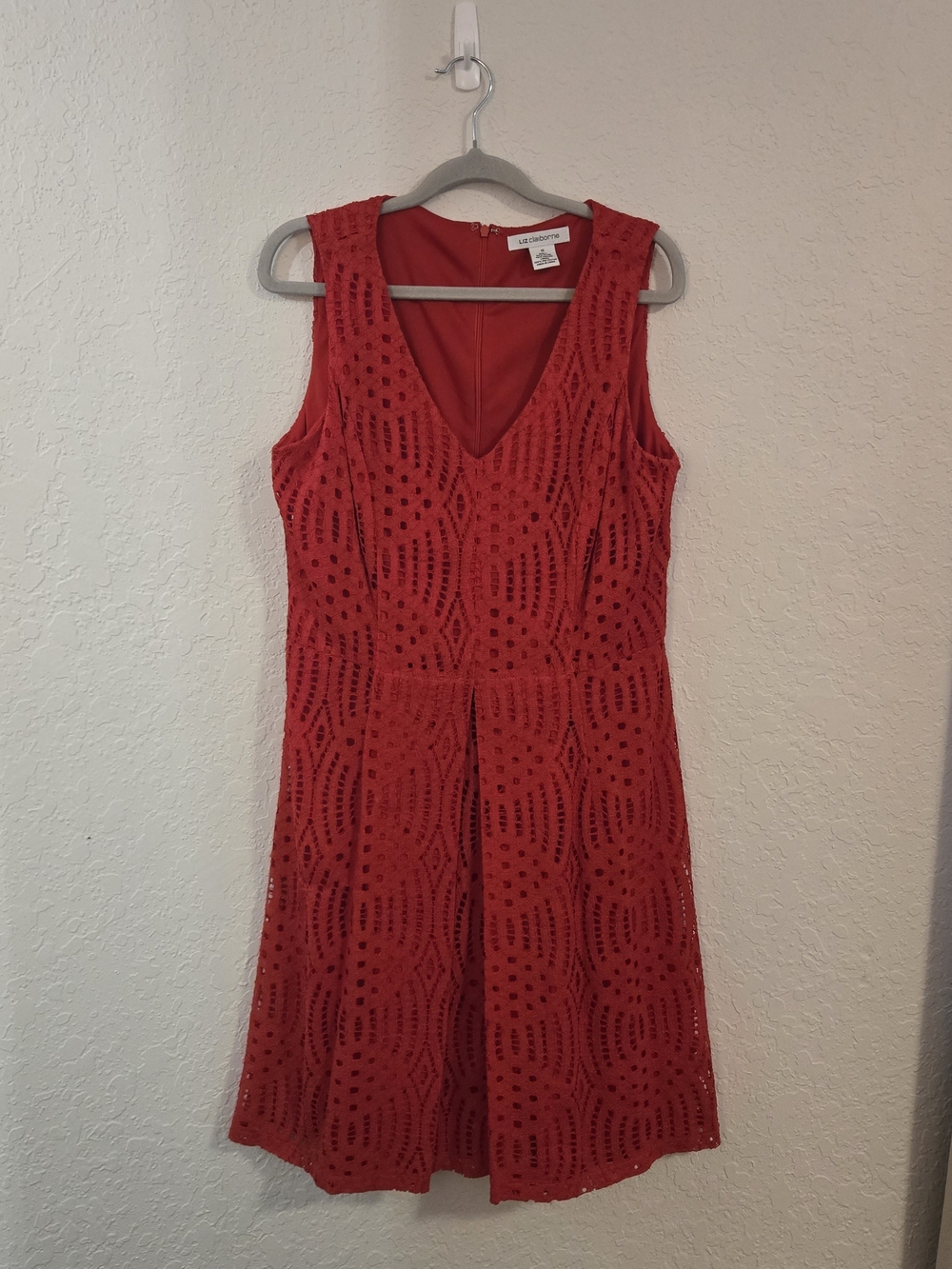 Liz Claiborne Red Sleeveless V-Neck Crochet Fit & Flare Dress